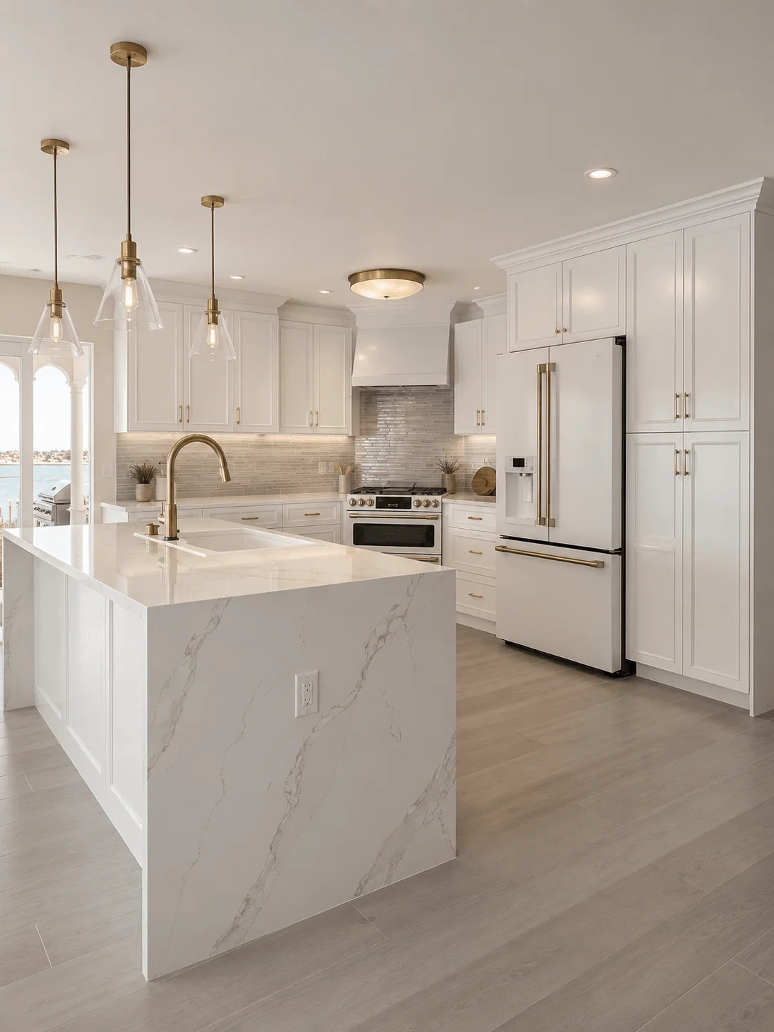 Luxury white kitchen with marble island, custom cabinetry, and gold accents