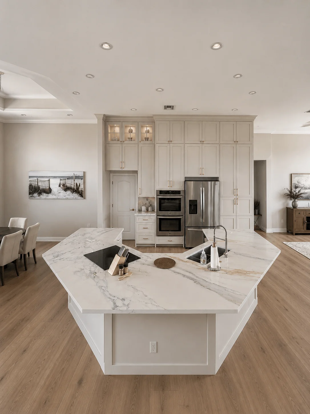 Modern white kitchen remodel featuring a large marble island, custom cabinetry, stainless steel appliances, and wood flooring.