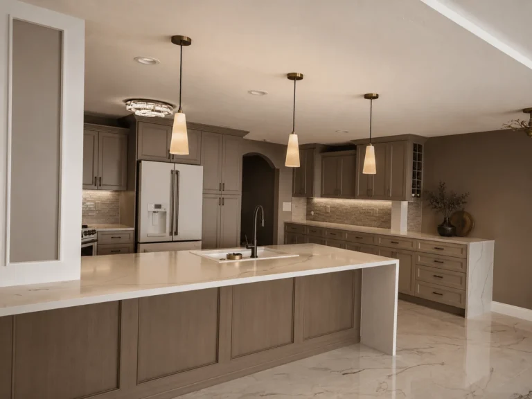 Modern kitchen remodel with custom cabinetry, marble countertops, and pendant lighting